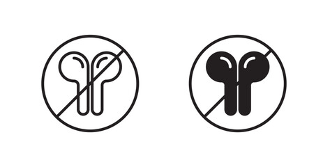 No earbuds allowed sign vectors set in black. line and flat versions