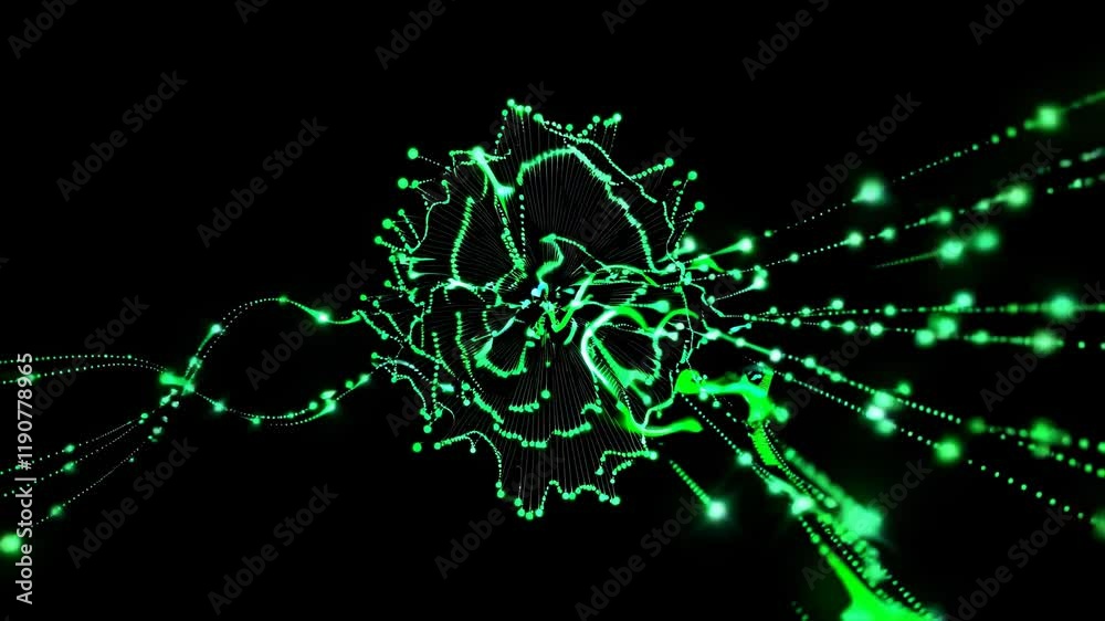 Poster visualizing sound waves with vibrant green patterns in an abstract digital display