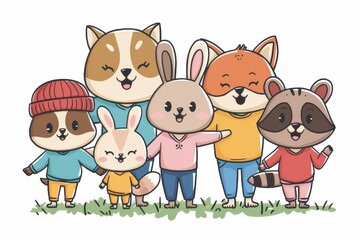 Naklejka premium Adorable Animal Friends Standing Together In Grass
