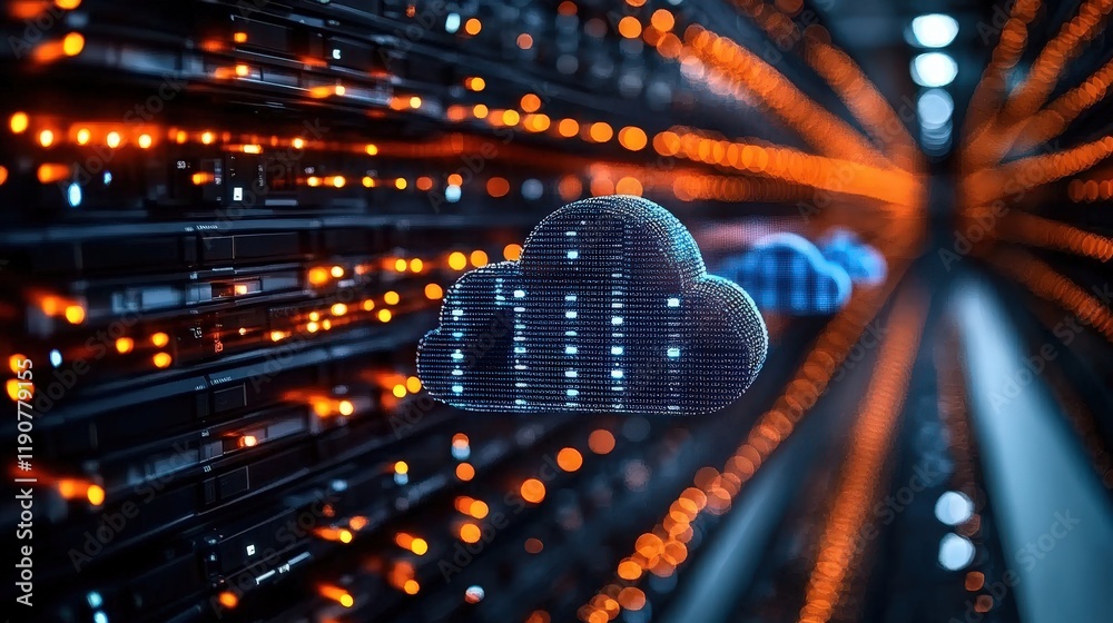 Poster stunning and realistic cloud computing concept with digital storage servers and interconnected data 