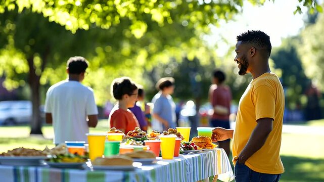 Family Friendly Block Party with Buffet Table and Neighborhood Fun