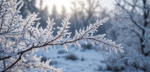 Close-up of icy twigs covered in frost with snow background, snow, icy