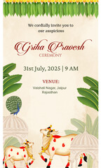 Fototapeta premium Beautiful traditional Indian Rajasthani house warming griha pravesh invitation template design with Indian Mughal temple, banyan tree, mango leaves marigold toran and Pichai cow, peacock
