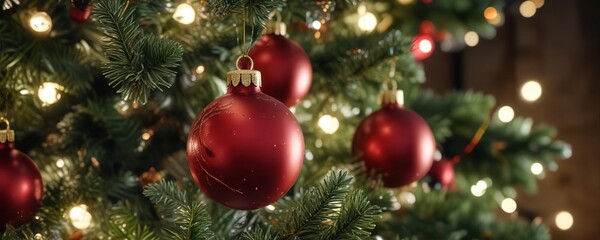 Fototapeta premium Close-up of ornaments and lights on a festive Christmas tree, detail, holiday, decorations