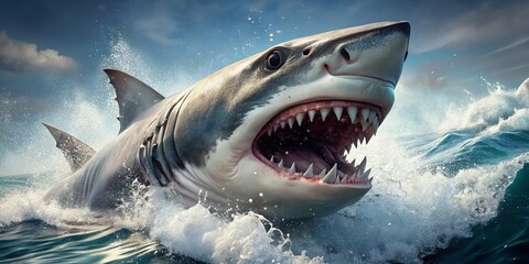 Naklejka premium Great White Shark Jaws Attacking Underwater - 4K Stock Photo