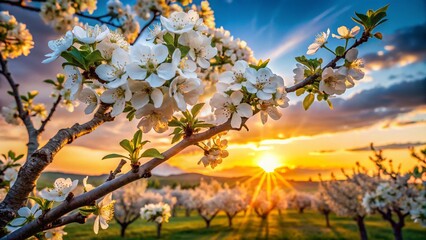 Silhouette of White Apple Blossom Tree in Spring Sunset