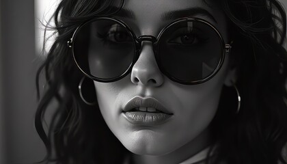 Mysterious Glance: A close-up portrait of a woman with dark wavy hair, her face partially concealed...