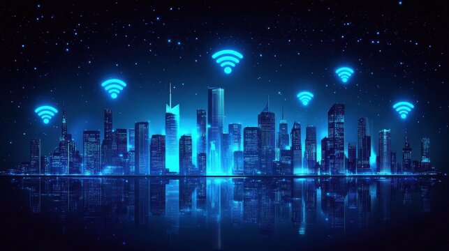A vibrant city skyline illuminated by blue Wi-Fi symbols, representing connectivity and modern technology in an urban environment.