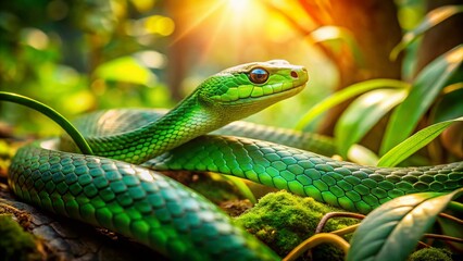 Fototapeta premium Green Snake in Lush Forest Habitat - Documentary Style Photography
