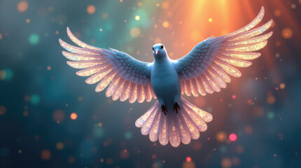 Obraz premium Dazzling white dove in mid-flight with vibrant light and sparkling background