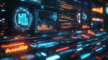 Obraz premium A futuristic city skyline with abstract data visualizations and glowing elements representing technology and analytics.