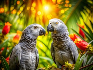 Obraz premium Grey Parrots Facing, Lush Tropical Foliage, Wildlife Encounter Stock Photo
