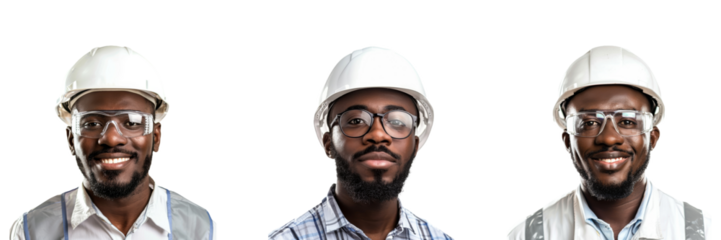 Three male construction workers wearing safety gear isolated on transparent background