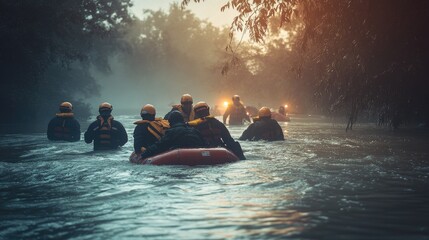 First responders rescuing people from floodwaters