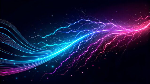 A futuristic vector design with glowing blue and golden lines in motion, creating a dynamic explosion of light and energy. The abstract pattern evokes a sense of power and technology.
