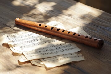 Wooden Flute with Music Sheets on Sunlit Table