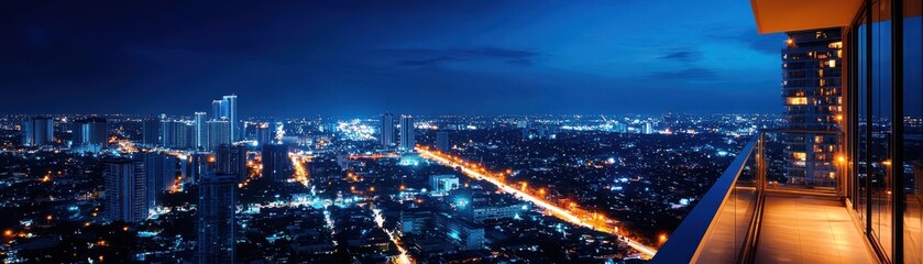 Obraz premium A panoramic city skyline at night, showcasing illuminated buildings and streets under a deep blue sky.