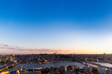Istanbul city of sunset citycape is beautiful scenery of summer with lifestyle travel, tourism and vacation in Istanbul town buildings .Turkey.