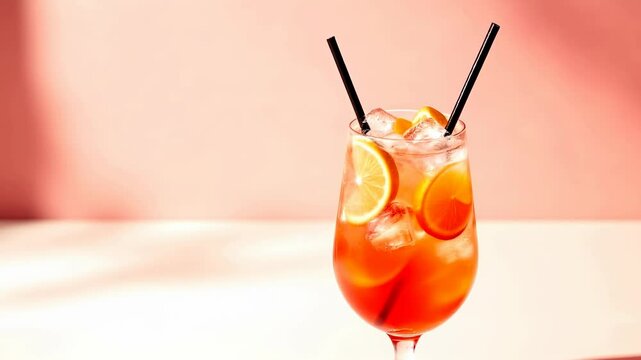 Fresh summer aperol spritz cocktail with orange slices and ice cubes on coral background. Refreshing Italian drink for hot days. Trendy beverage styling