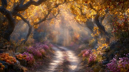 Obraz premium Autumnal path through enchanted forest, sunlit, flowers, apples; ideal for fantasy, fairytale