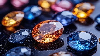 Natural sapphires and yellow gemstones are displayed on a shiny black surface, highlighting their beauty