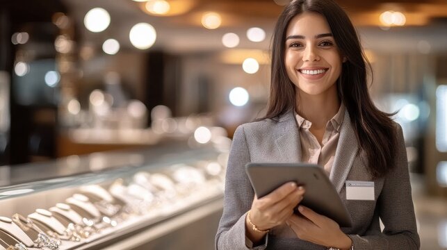sale, shopping and business concept - happy female shop assistant with tablet pc computer name tag over jewelry store background