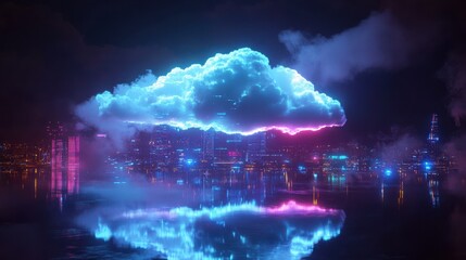 Creative glowing cloud hologram on illuminated night city backdrop. Cloud computing and database concept. Double exposure