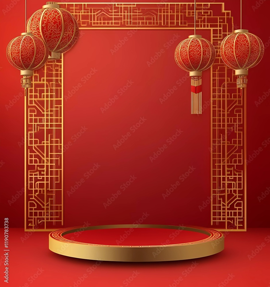 Fototapete vector image with a red background and golden decorations, paper-cut lanterns, and a gold chinese pa