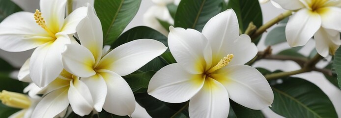 Obraz premium Close-up of white frangipani flower with round shape and green leaves, botanical, vibrant, tropical, garden, petals