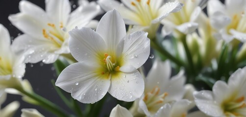 Fototapeta premium Close-up of white freesia petals with water droplets, rain, macro, natural beauty, moisture, droplets