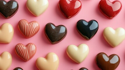 Pink background filled with various chocolate hearts in different shapes and sizes for festive occasions valentine day