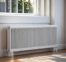Close-up of white heating radiator under the window, home, cold, cozy, energy efficiency, interior