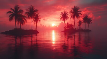Neon palm trees glow against a synthwave background, with red light rays casting reflections on water