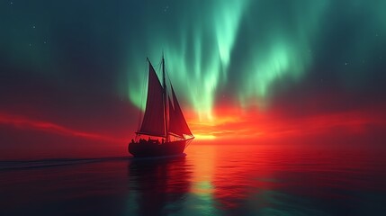 Sailboat at sunset with aurora borealis.