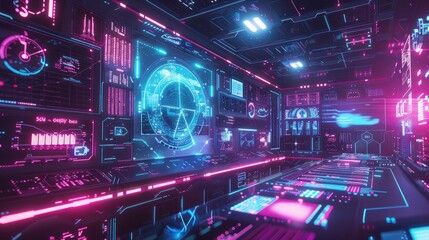 Fototapeta premium Futuristic Control Room with Digital Interfaces
