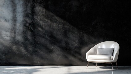 A glossy jet-black wall with a pearl white armchair, a thin gray cushion, and a smooth concrete floor
