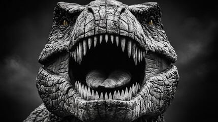 Obraz premium captivating monochrome photography of tyrannosaurus rex head showcases roaring prehistoric reptile jaws and teeth in powerful dinosaur closeup from jurassic and cretaceous periods