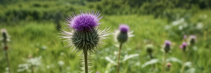 Close-up of wild wooly thistle flower in lush green spring field, flora, meadow, outdoor, wildflower