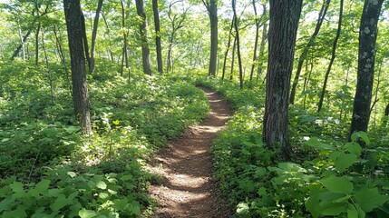 Obraz premium Serene Forest Trail Winding Path Lush Greenery Sunlight