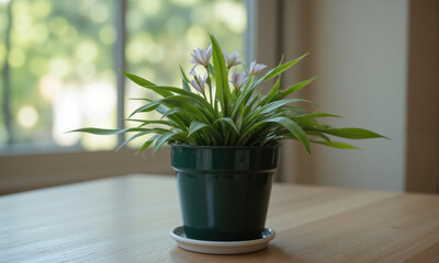 Spiderwort (Tradescantia spp.) Trailing plant with long, slender leaves and small, star-shaped flowers, potted in hanging containers, commonly seen in