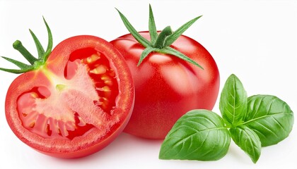 "Isolated tomatoes, whole and sliced, with basil leaves on a white background, perfect for food ads and recipes."
