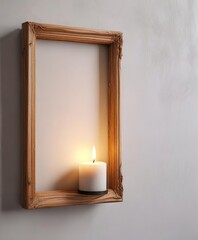 Close-up of wooden frame with burning candle against white wall, home, relax, flame, decoration, minimalistic
