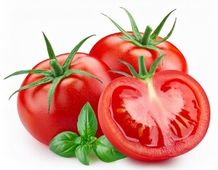 "Isolated tomatoes, whole and sliced, with basil leaves on a white background, perfect for food ads and recipes."
