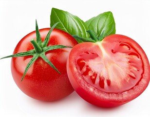 "Isolated tomatoes, whole and sliced, with basil leaves on a white background, perfect for food ads and recipes."
