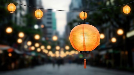 Glowing Lanterns Illuminate City Street at Dusk