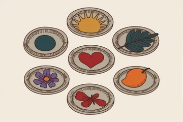 Circular plates display nature and heart symbols