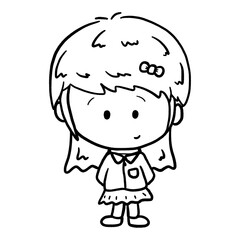 Cartoon school girl in skirt outline illustration, standing girl isolated character design