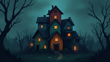 a spooky house in the woods at night