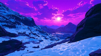 Majestic sunset over a snow-covered valley with vibrant purple skies and distant mountains