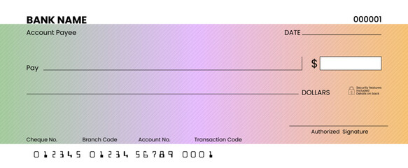 Blank bank check template, generic American cheque design in vector format